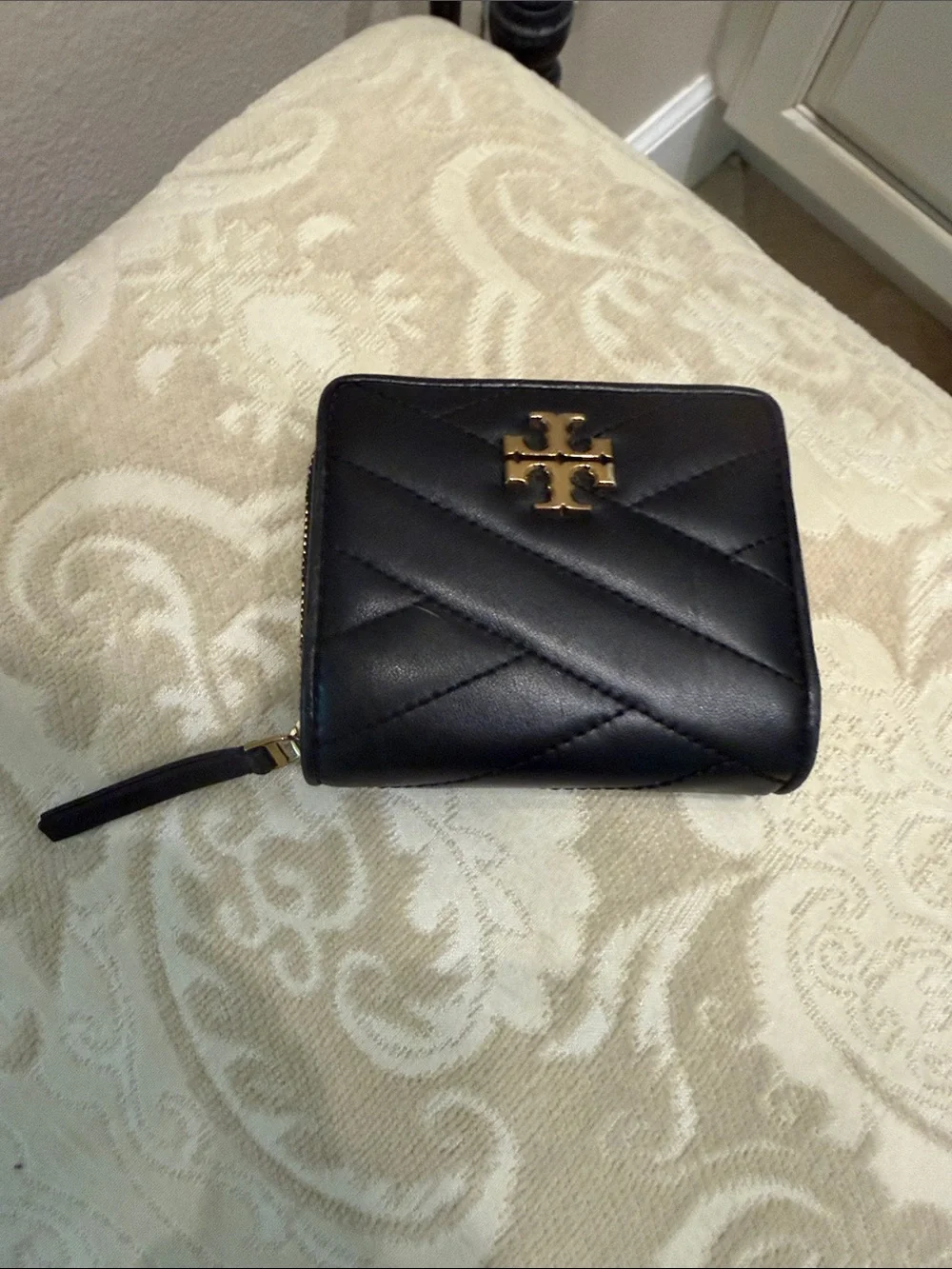 Tory Burch Kira Black Chevron Quilted Leather Bi-fold Wallet Gold Logo